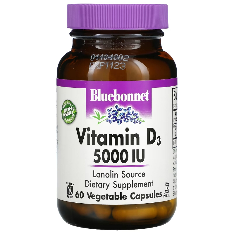 Bluebonnet Nutrition, Vitamin D3, 125 mcg (5,000 IU), 60 Vegetable Capsules