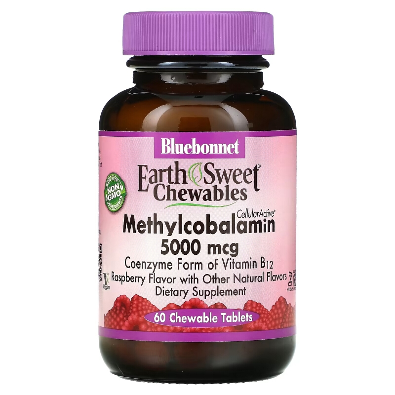 Bluebonnet Nutrition EarthSweet метилкобаламин витамин B-12 натуральный вкус малины 5000 мкг 60 жевательных таблеток